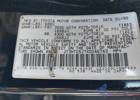 1999 Toyota Land Cruiser z USA, uszkodzony, nr VIN JT3HT05J7X0046743